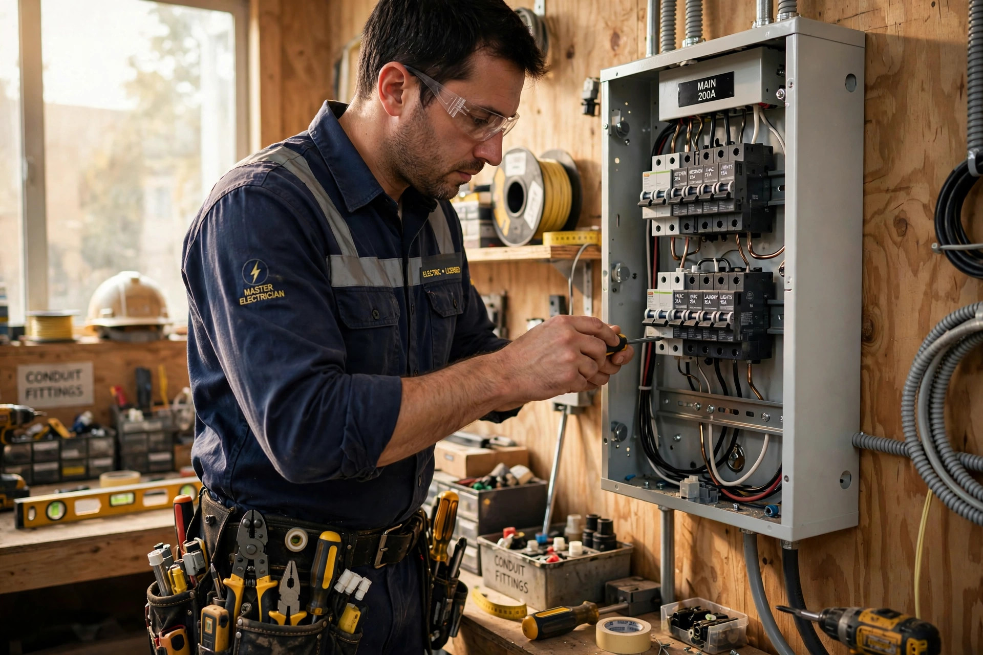 Electrician installing a residential electrical panel