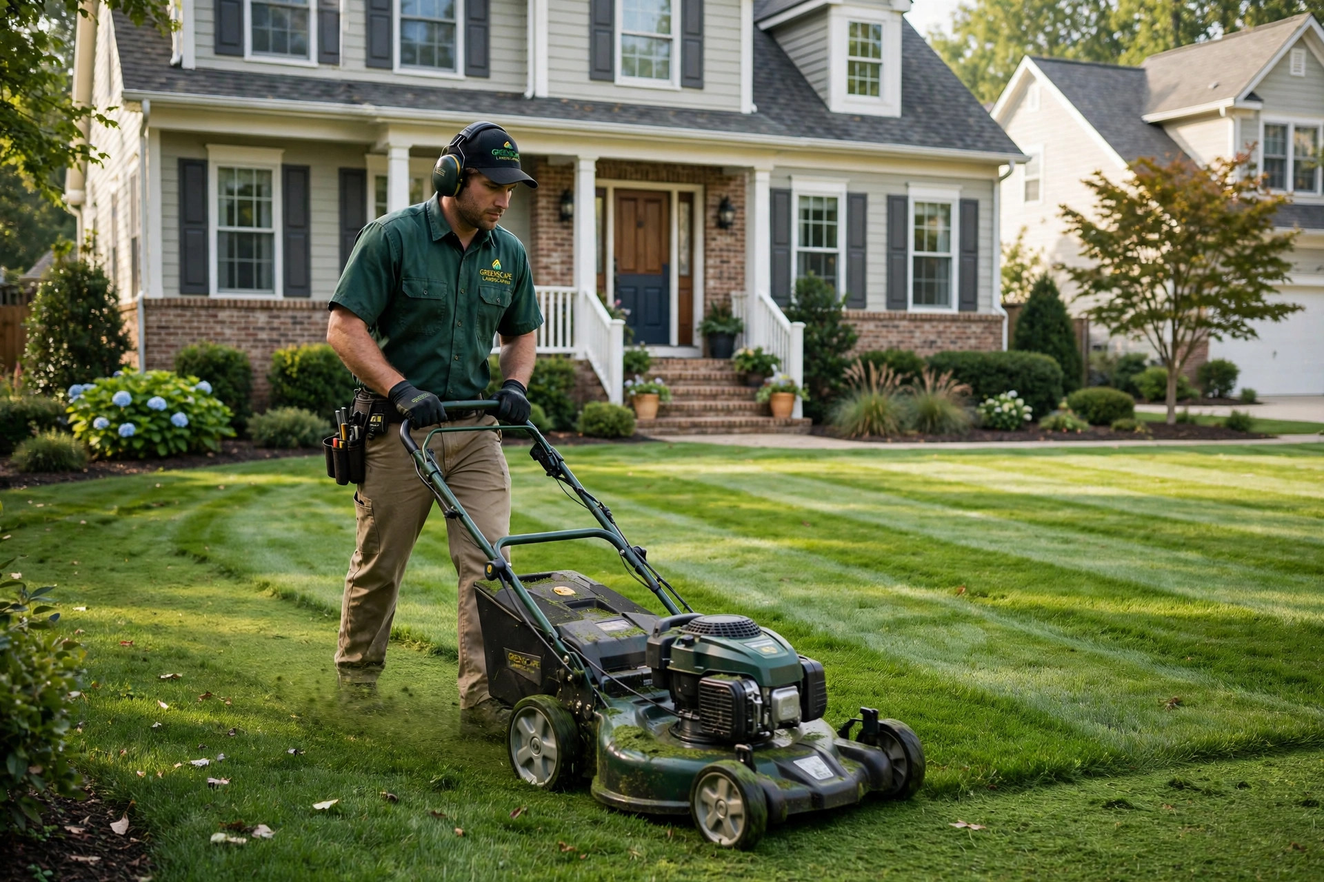 A landscaper mowing a pristine lawn in front of a suburban home