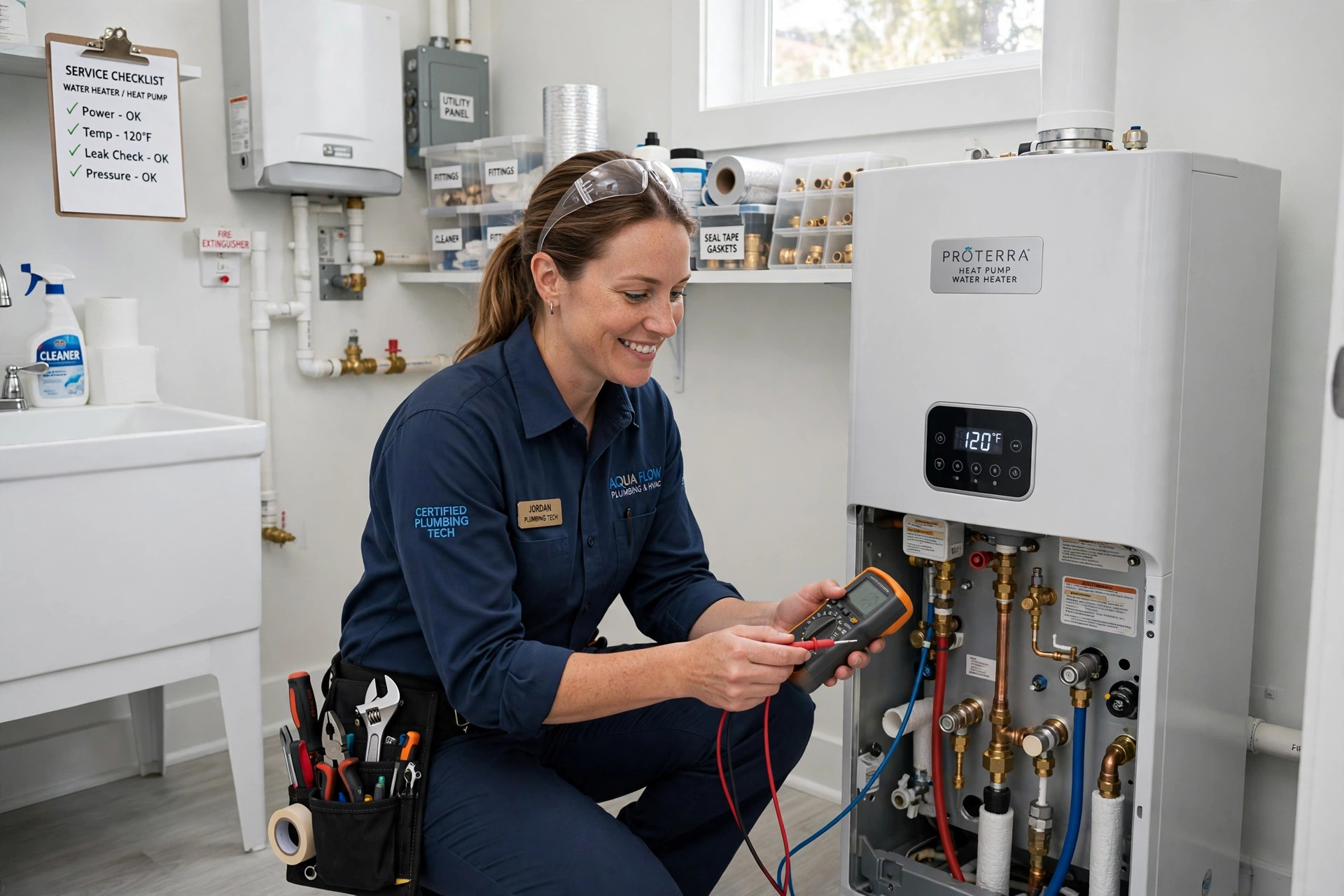 Plumbing technician servicing home equipment